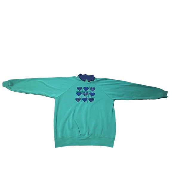 Vintage Hanes Cottagecore Heart Sweatshirt Green Blue 90s Made in USA XL - Picture 5 of 13